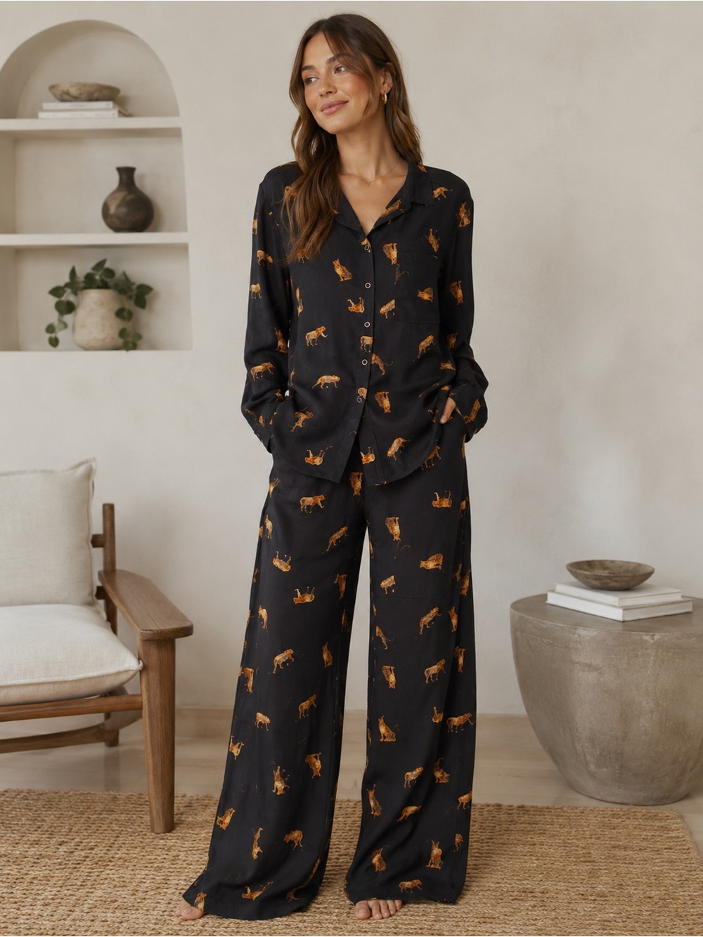 Two Piece Leopard Wide Leg Matching Lounge Set Black Large